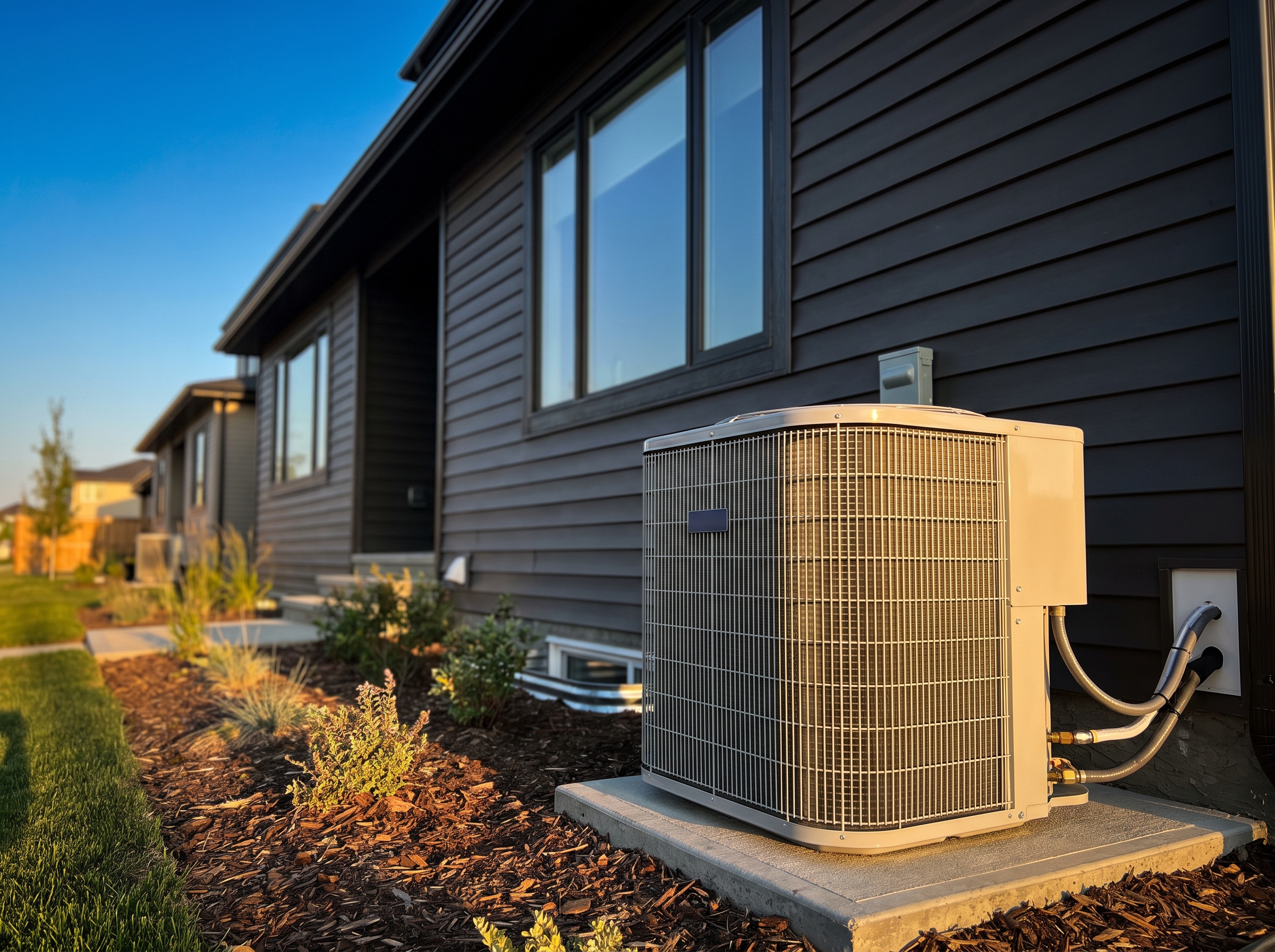 High-efficiency AC condenser professionally installed beside a modern Calgary home at golden hour
